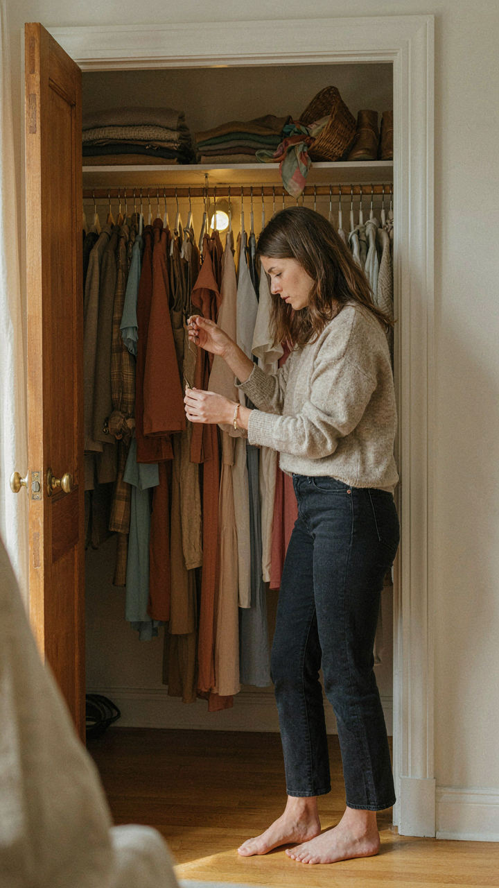 A woman's hand reaching into a cluttered closet full of clothes.