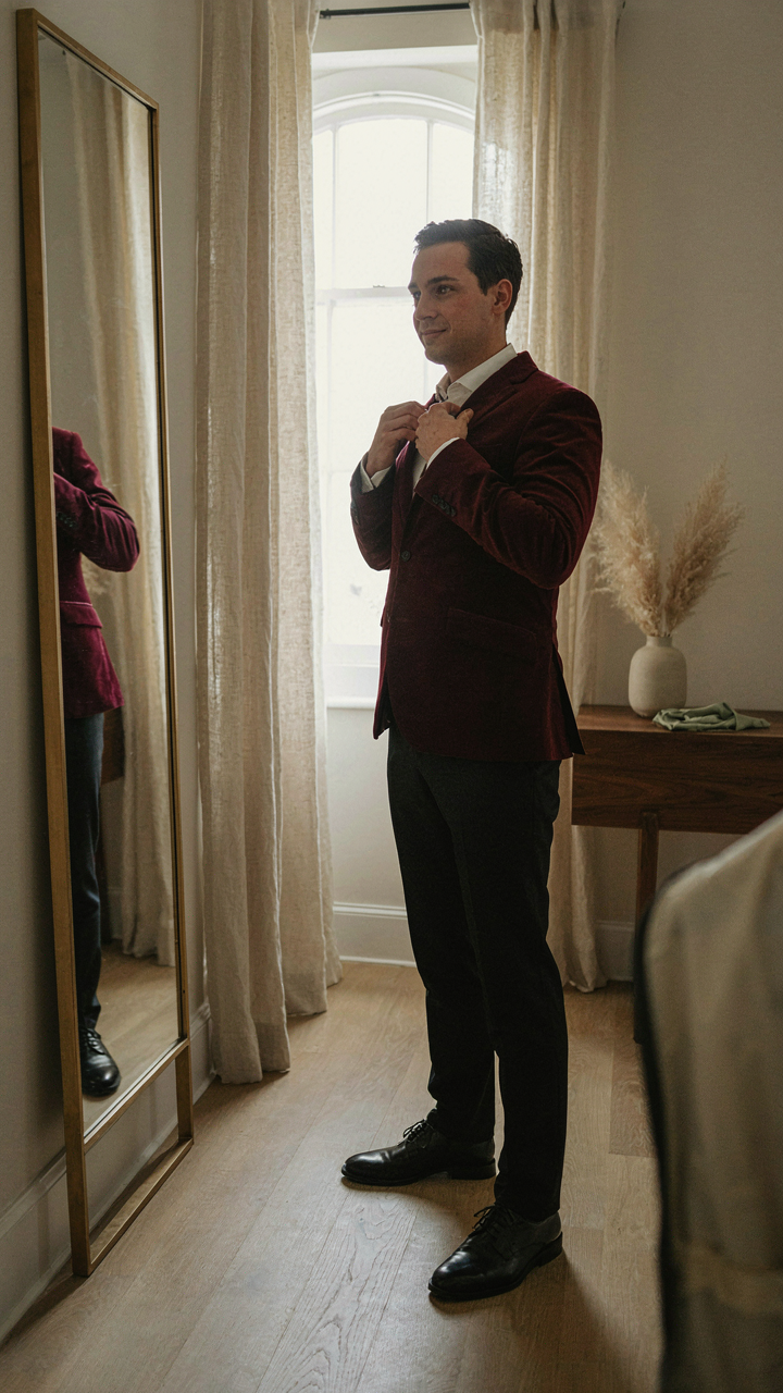 Man confidently adjusting the collar of his velvet blazer in a mirror.