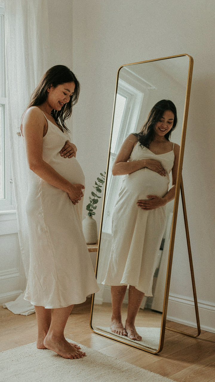 A pregnant woman smiles confidently at her reflection in a mirror.