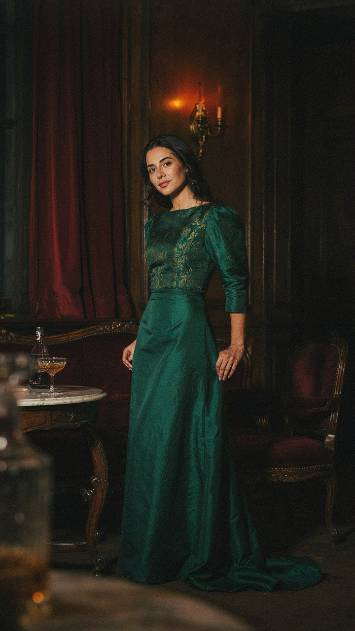 A woman confidently wearing a unique vintage outfit in a lounge.