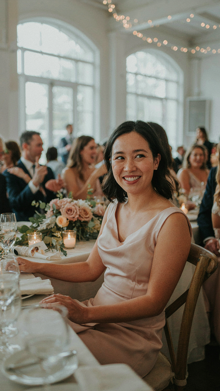 A woman smiles genuinely and looks relaxed at a wedding reception.