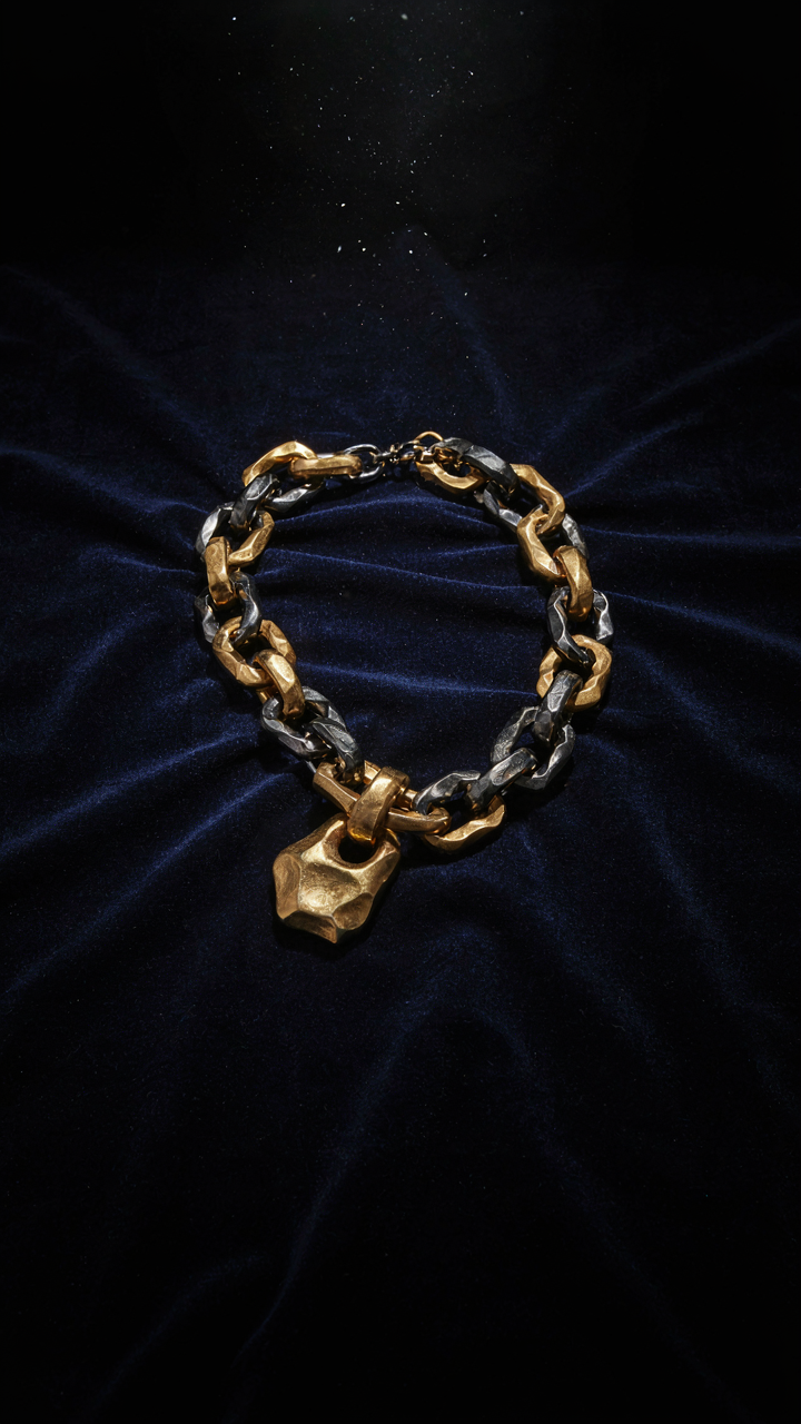 A single, bold statement necklace rests dramatically on luxurious dark velvet.