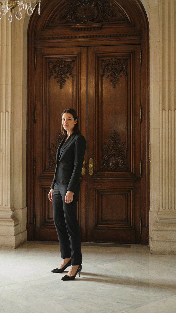 A woman in a tailored pantsuit stands before a large, ornate doorway.