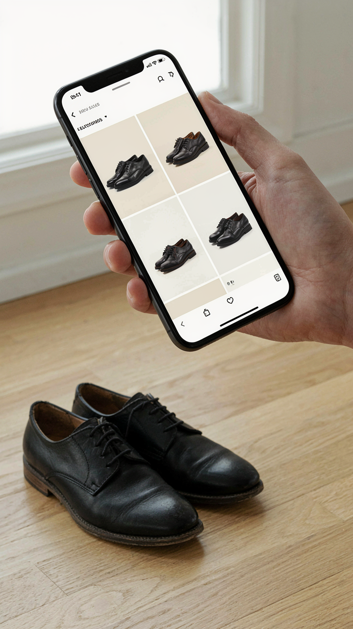 A hand holding a smartphone showing black tie shoes, next to worn shoes.