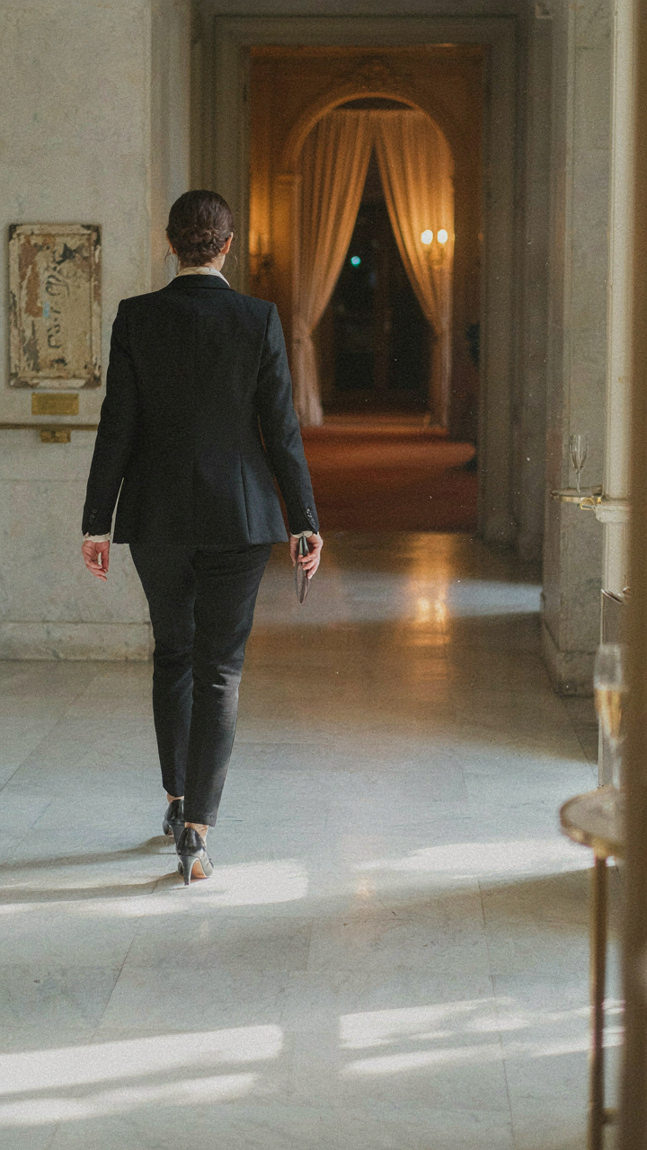A person walks confidently towards an event, past a confusing dress code sign.