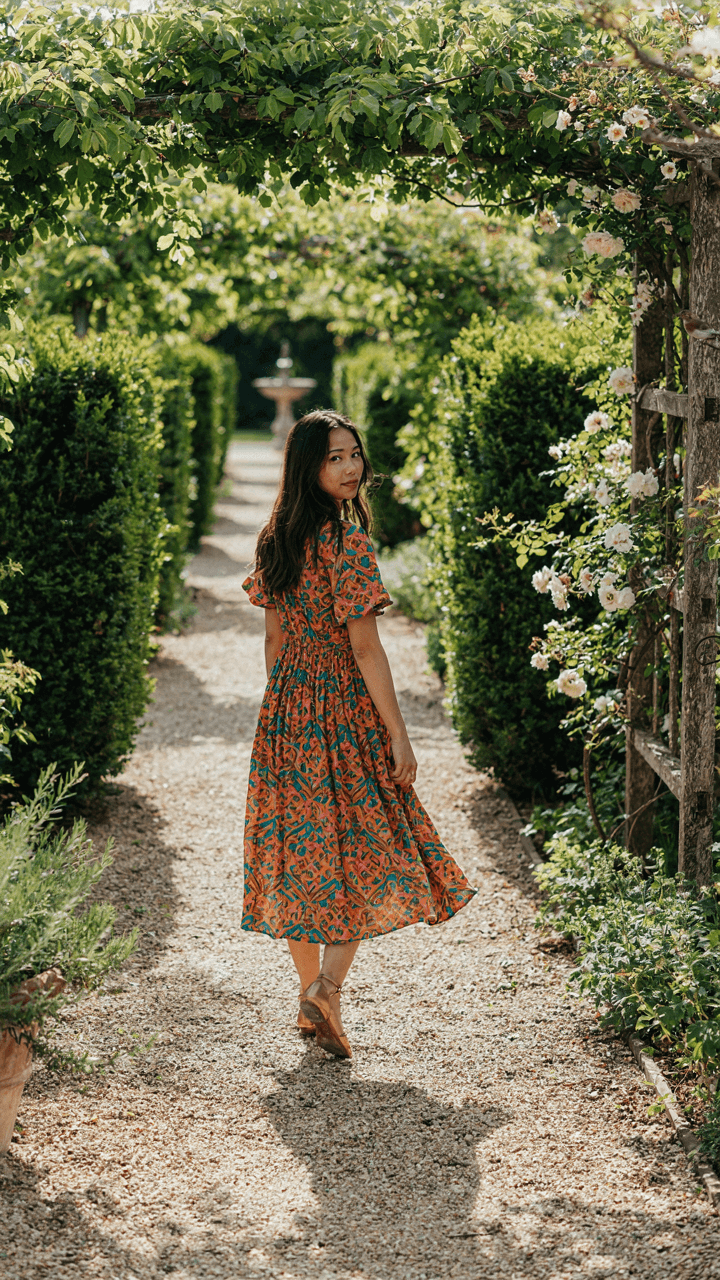Woman in a vibrant patterned dress confidently walks through a sunny garden.