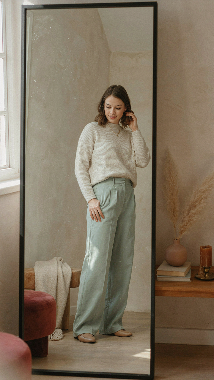 A person looks in a mirror, smiling at their unique outfit.