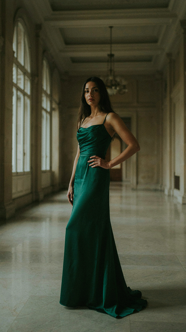 A woman in a bold floor-length gown stands confidently in a grand hall.