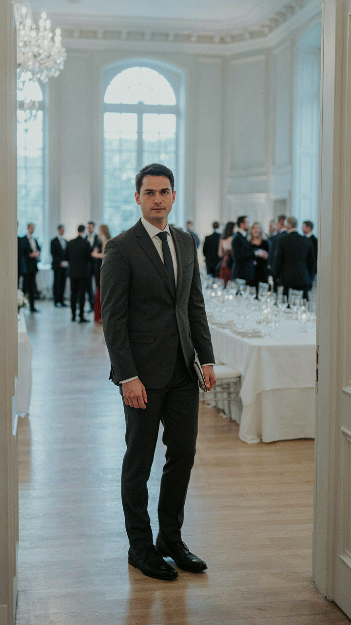 A confident person in a dark suit walks into a brightly lit event.