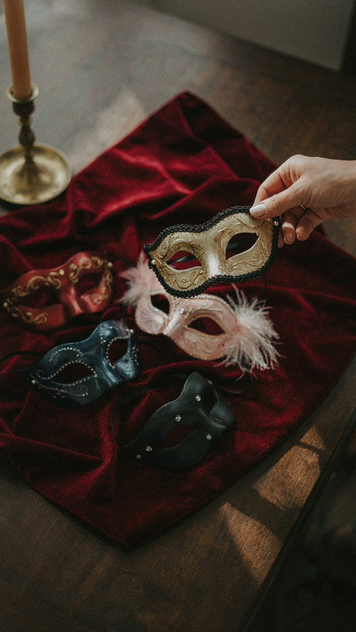 A hand choosing one simple masquerade mask from a collection.