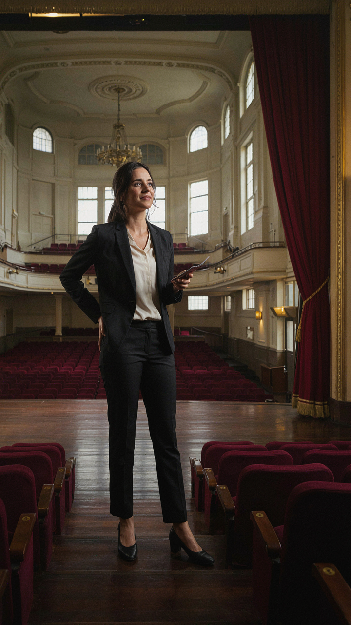 A woman confidently stands alone on an empty theater stage.