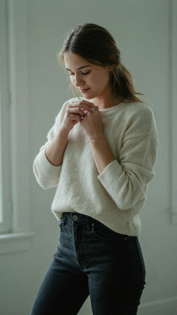 A person confidently adjusting a single, cherished silver pendant around their neck.