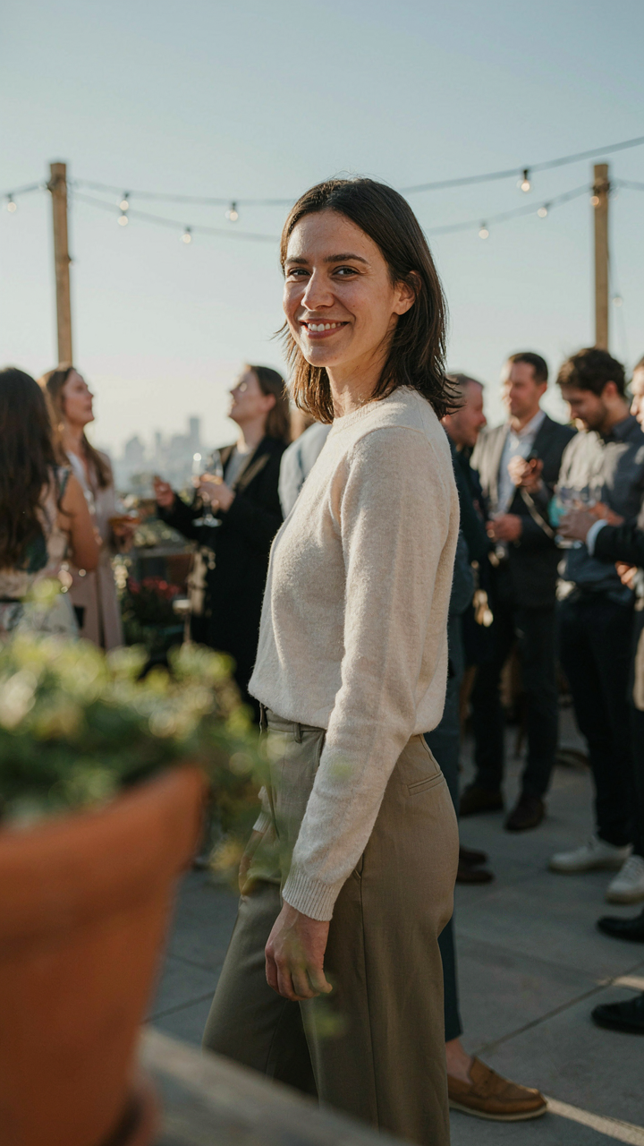 A woman smiles confidently and genuinely in a well-fitting bar mitzvah guest outfit.