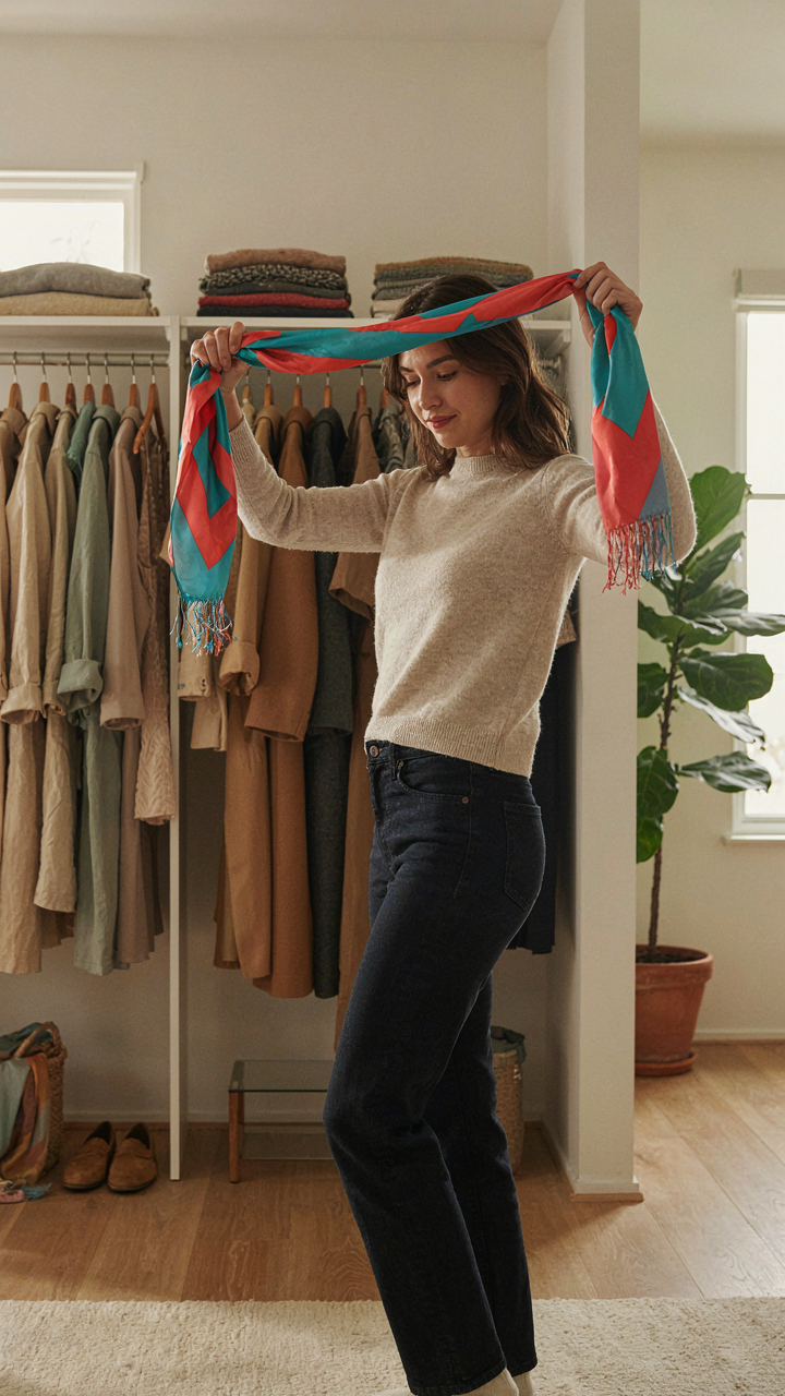 Woman playfully grabbing a scarf from an open closet filled with clothes.
