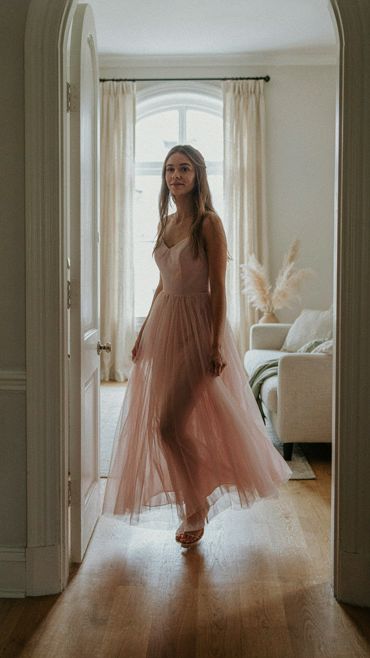 A woman confidently steps into a bright room wearing a tulle dress.