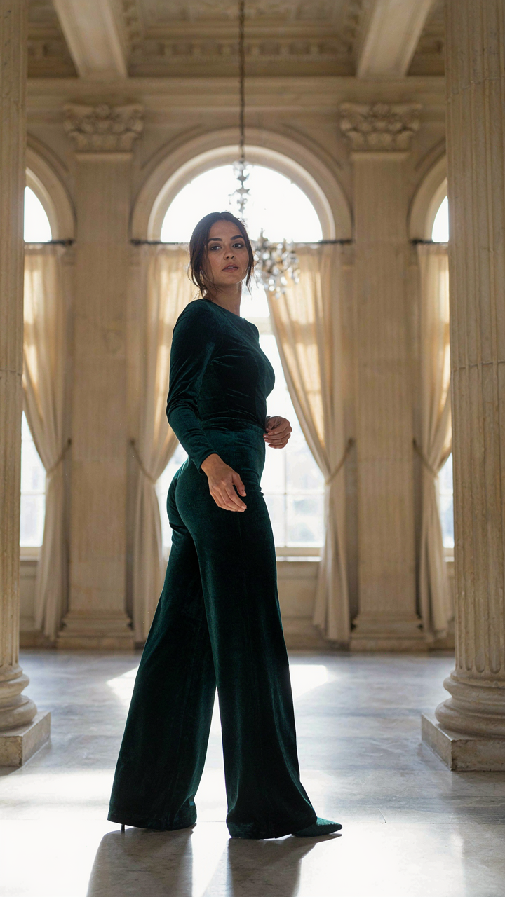 Woman in a velvet jumpsuit standing tall and confident in a grand hall.