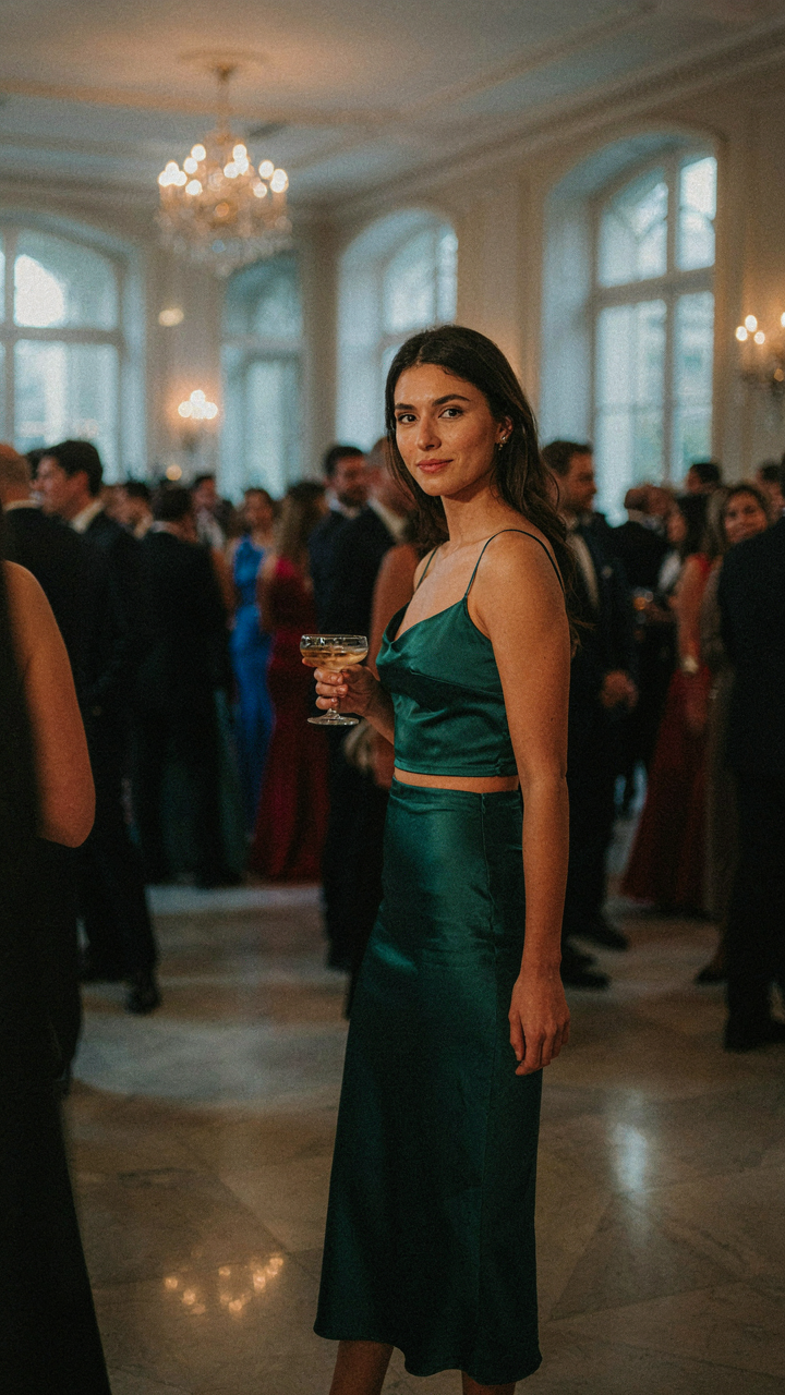 A person in a matching set cocktail outfit stands confidently in a crowded event.