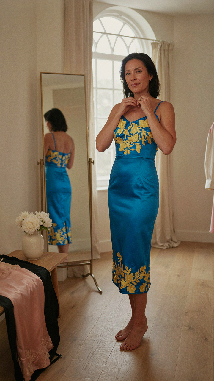 A woman in her 40s confidently puts on a vibrant and unique dress.