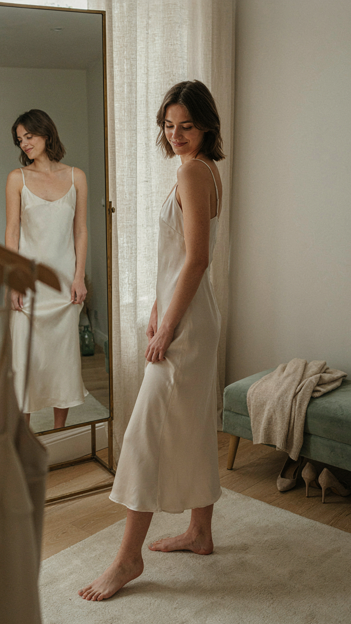 A woman smiles, trying on a perfectly fitting, well-constructed dress.