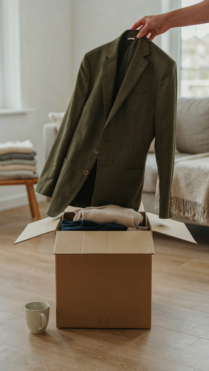 A hand places a well-worn blazer into a donation box.