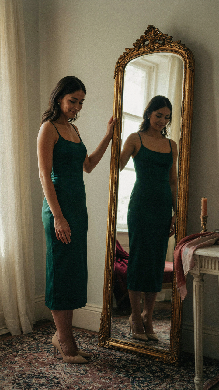 Woman in a cocktail dress confidently looks at her reflection in a large mirror.