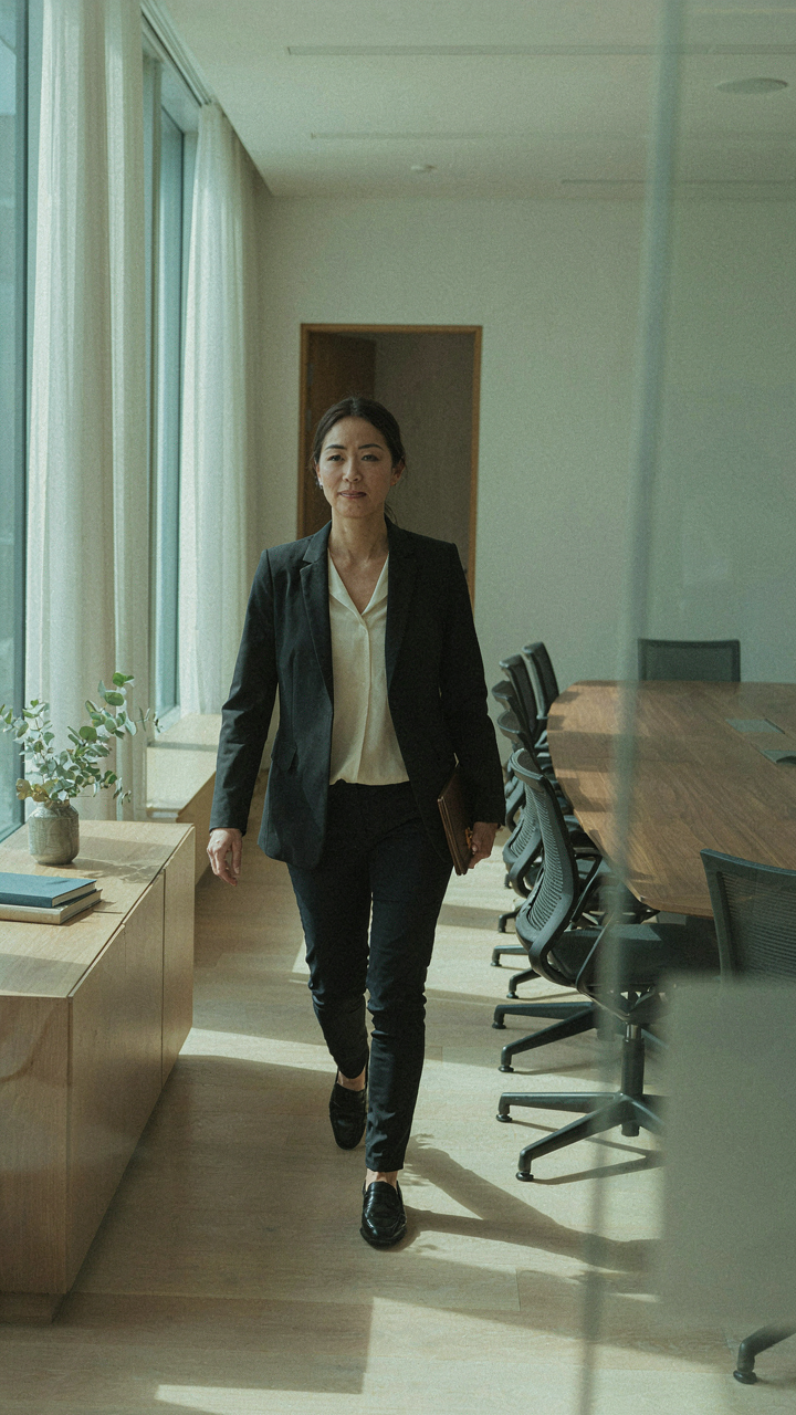 A person walks confidently into a conference room, showing self-assurance.