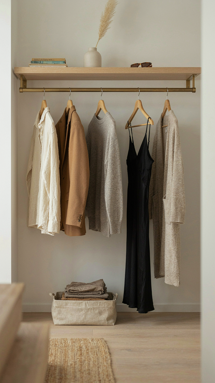 A well-organized closet with a few high-quality clothes hanging.