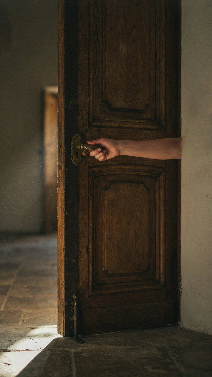 A woman's hand reaches for a heavy wooden door, with light peeking through.