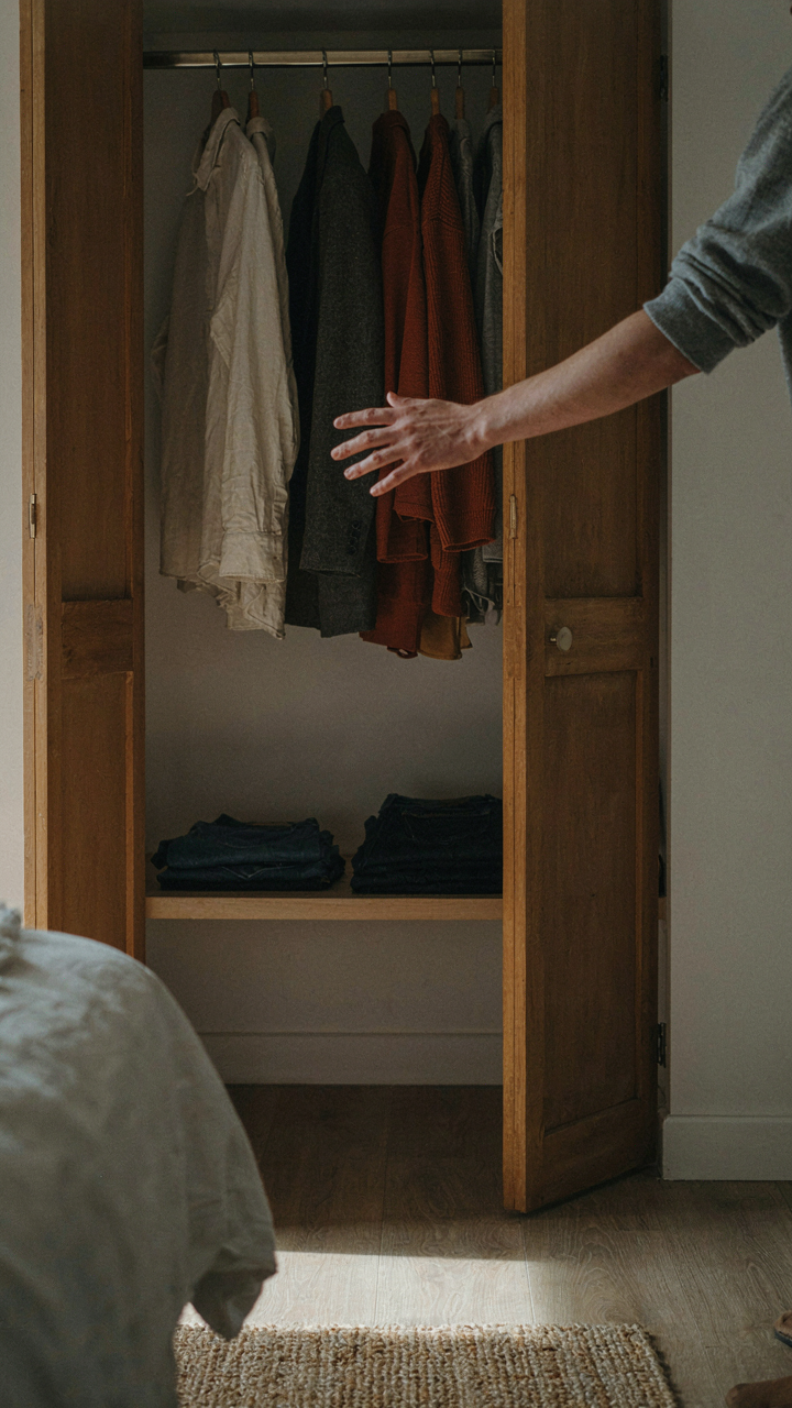A hand reaches into an open closet, bathed in warm light.