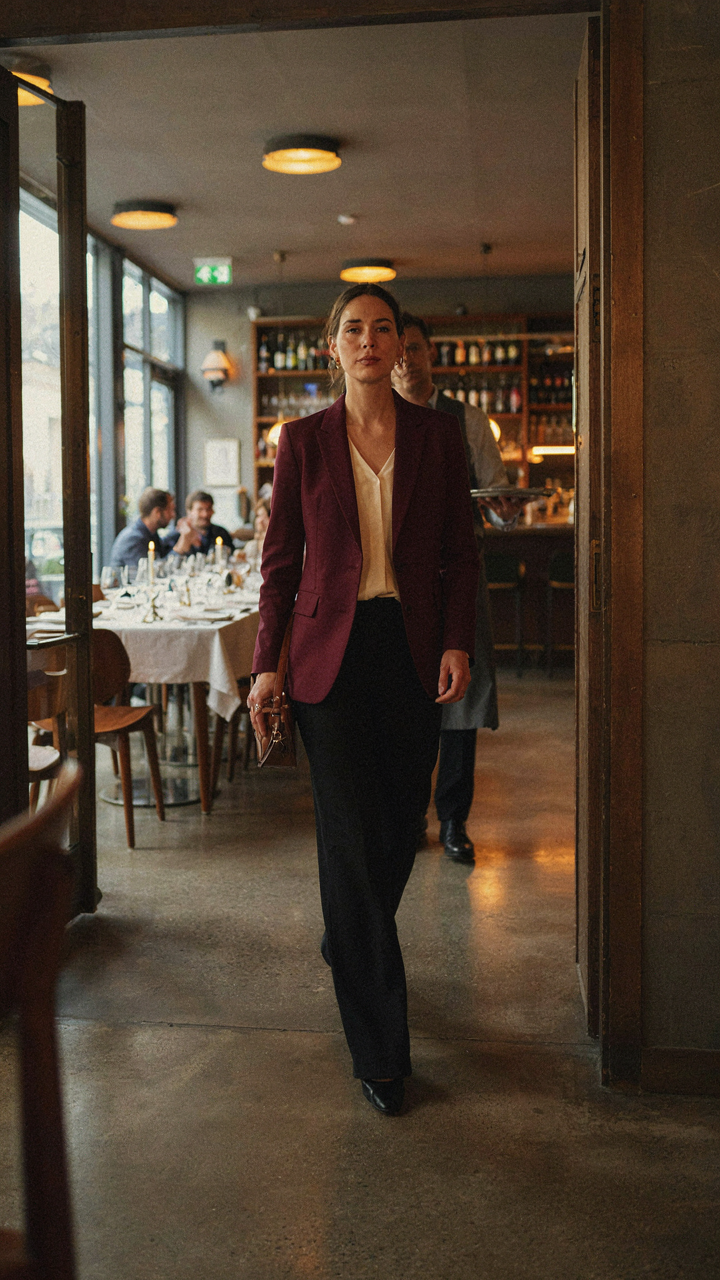 A woman in a bold outfit confidently enters a bustling restaurant.