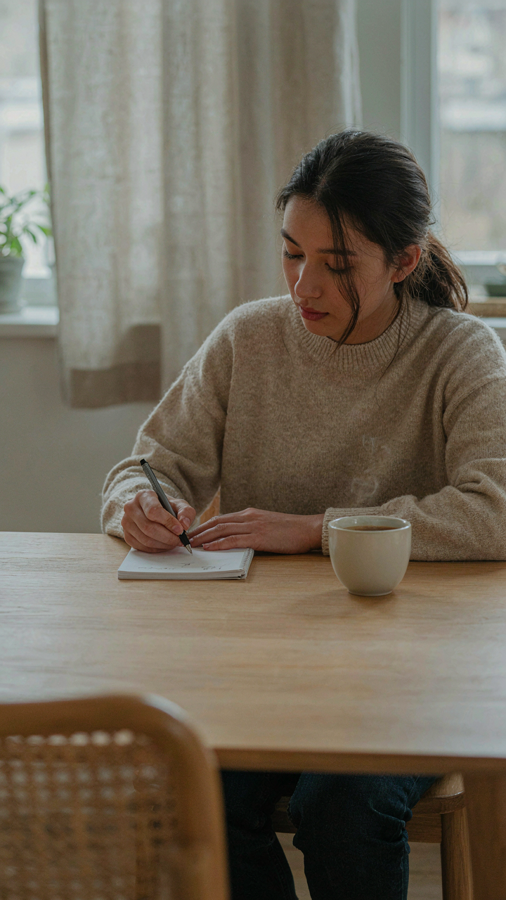 A person writes three lifestyle needs on a notepad with a pen.