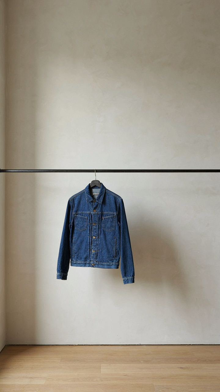 A single, well-fitting denim jacket hangs in a minimalist closet with empty space.