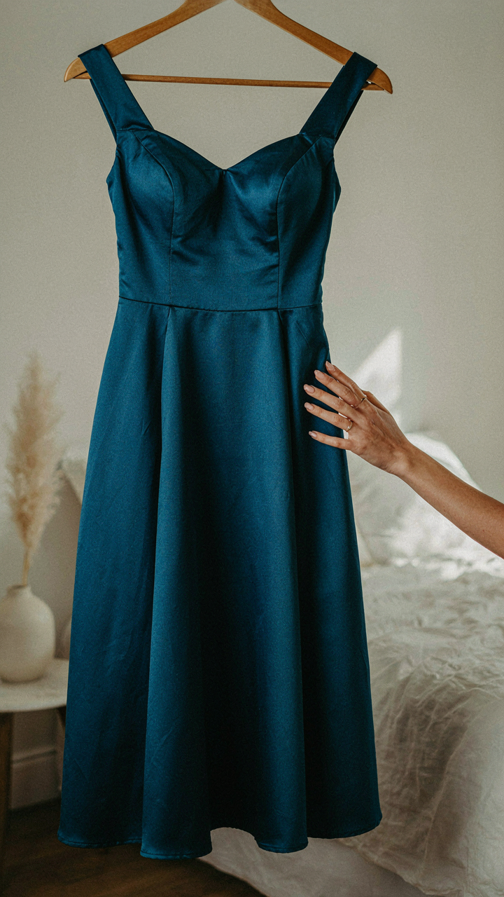A hand reaching to touch a bold new years eve cocktail dress.