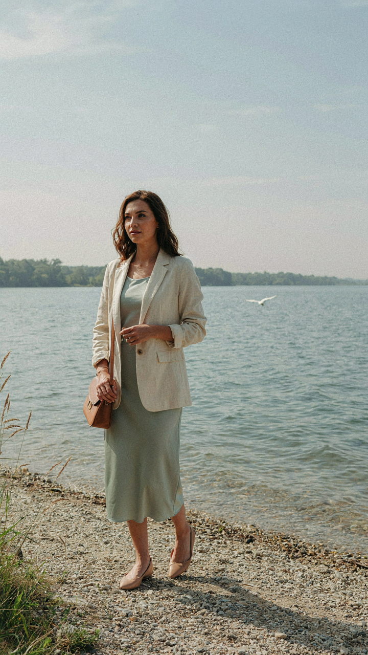 A confident person in lakeside wedding guest attire walks by a lake, exuding intentionality.