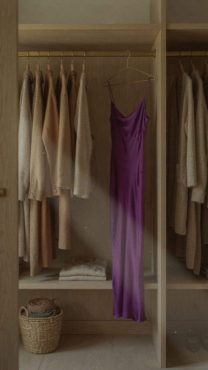 A vibrant purple dress hangs among beige cardigans in a closet.