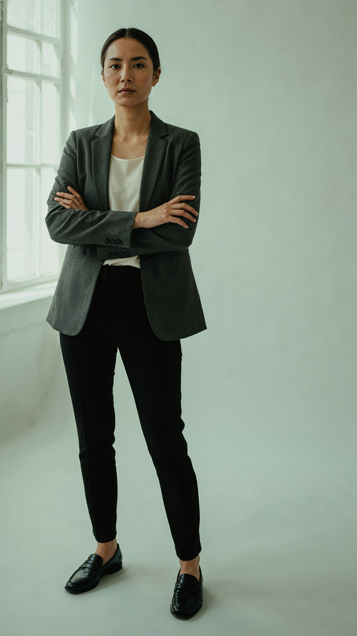 A woman stands confidently, looking directly ahead.