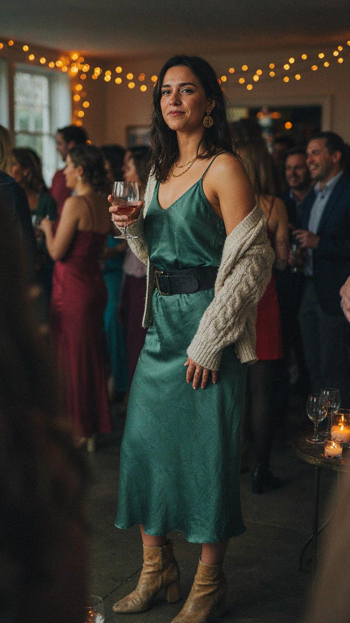 A confident woman smiles at a party, comfortable in her chosen outfit.