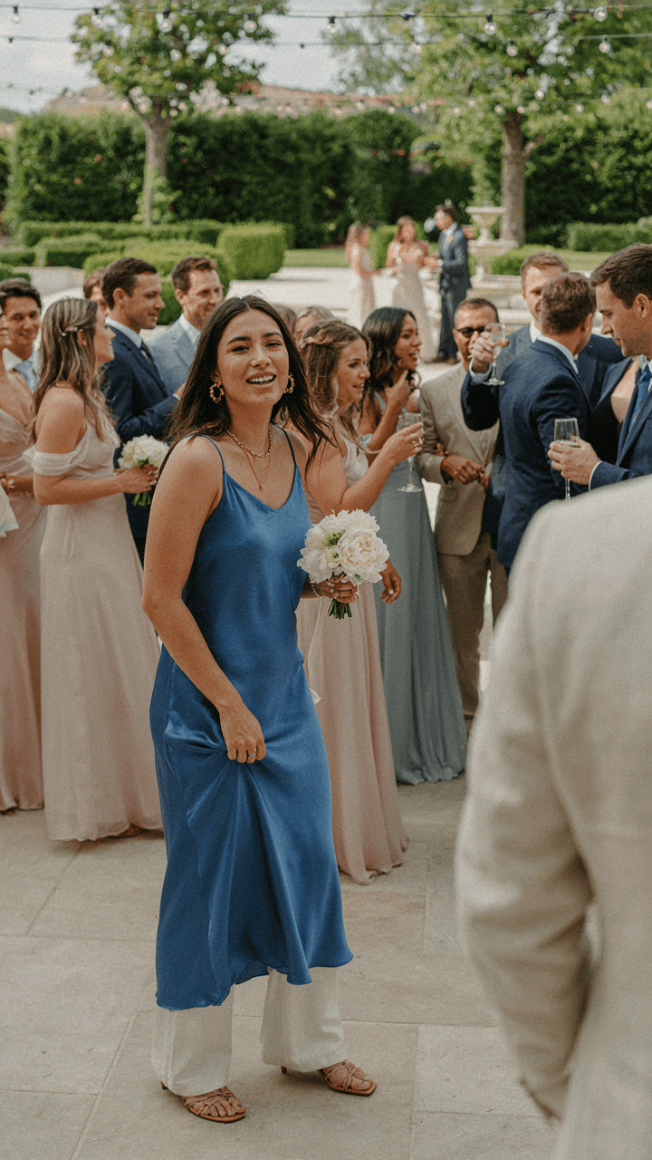 A woman in a unique outfit smiles confidently at an outdoor wedding.