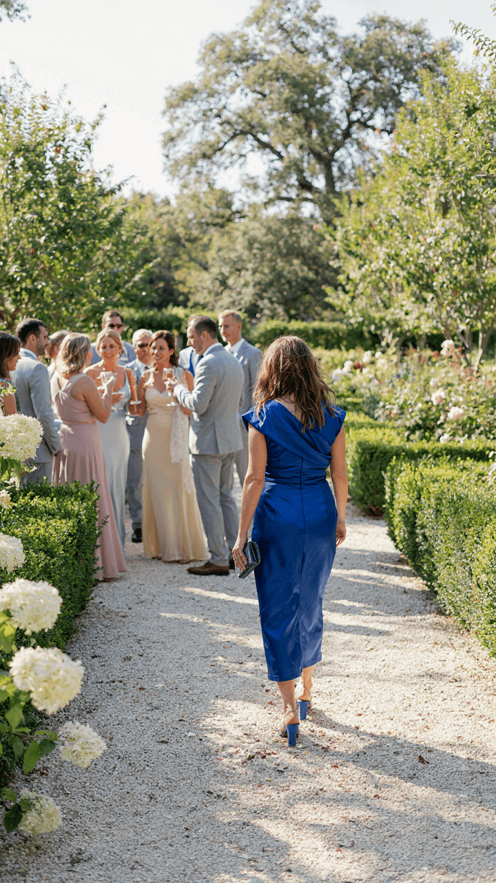 Woman in a bold dress walks away from conventionally dressed guests in a garden.