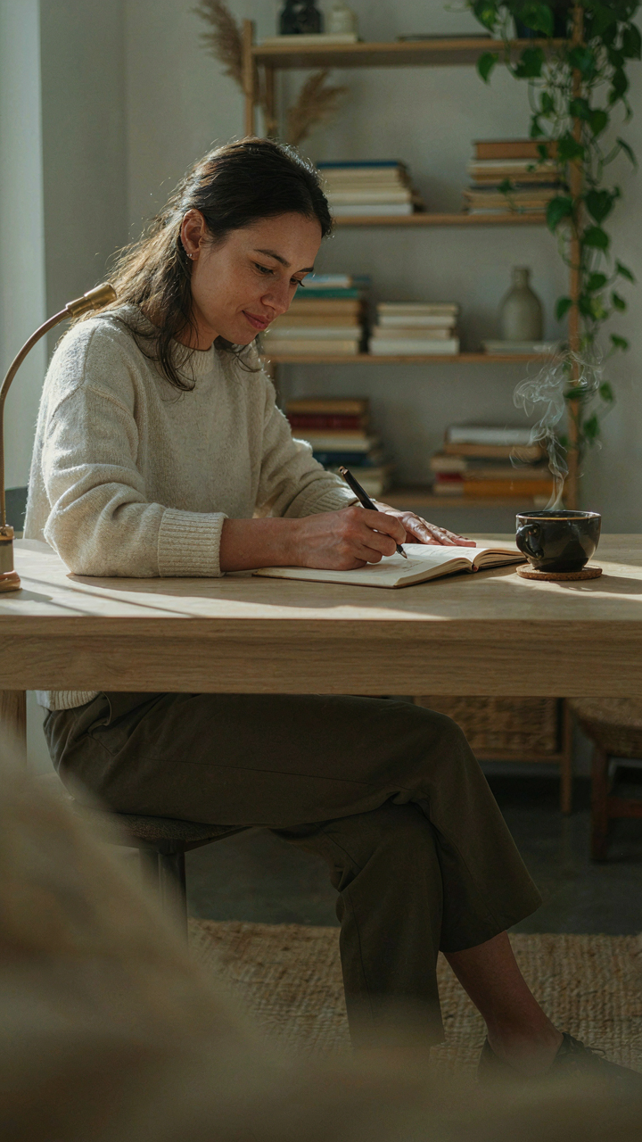 A woman writing three descriptive words in a journal.