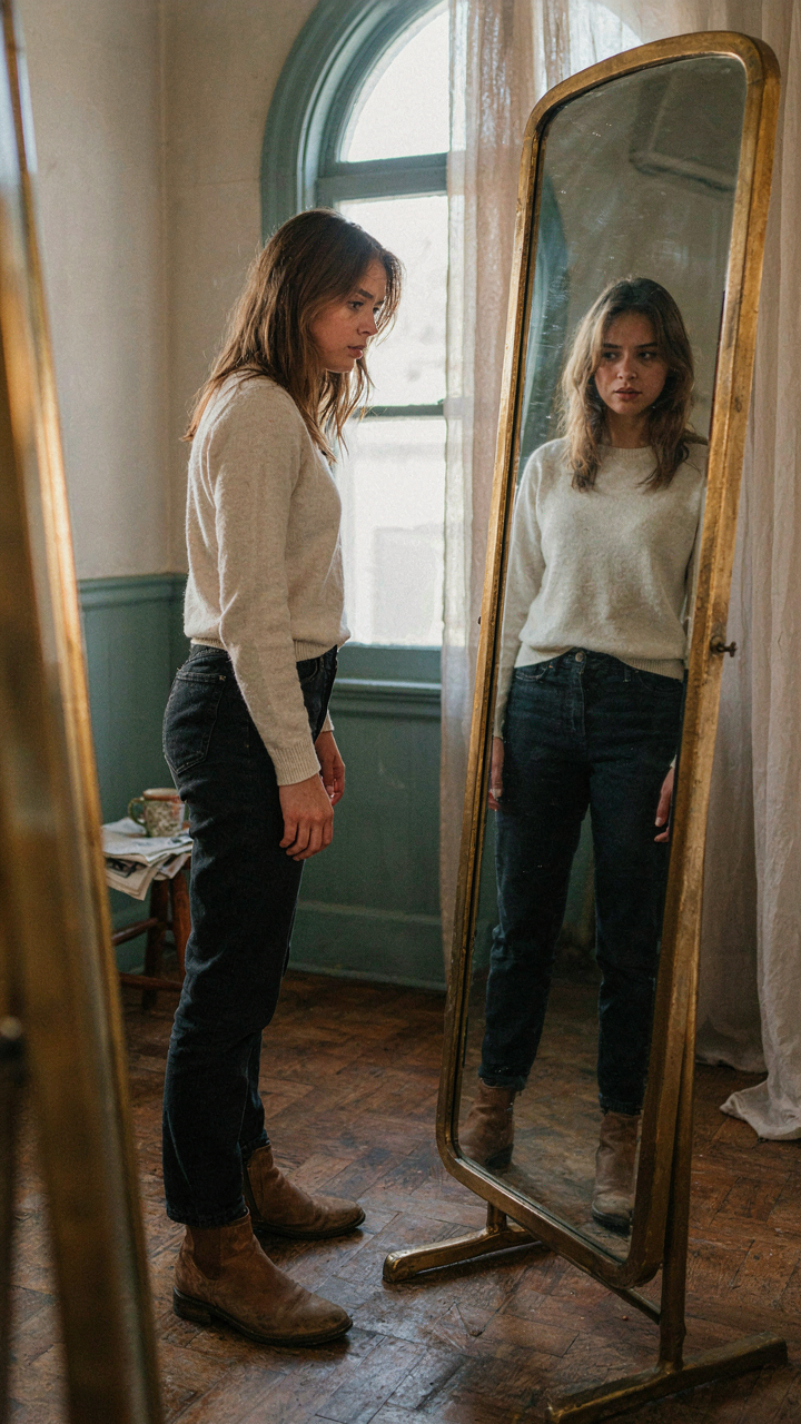 A woman looks at her distorted reflection in a funhouse mirror.