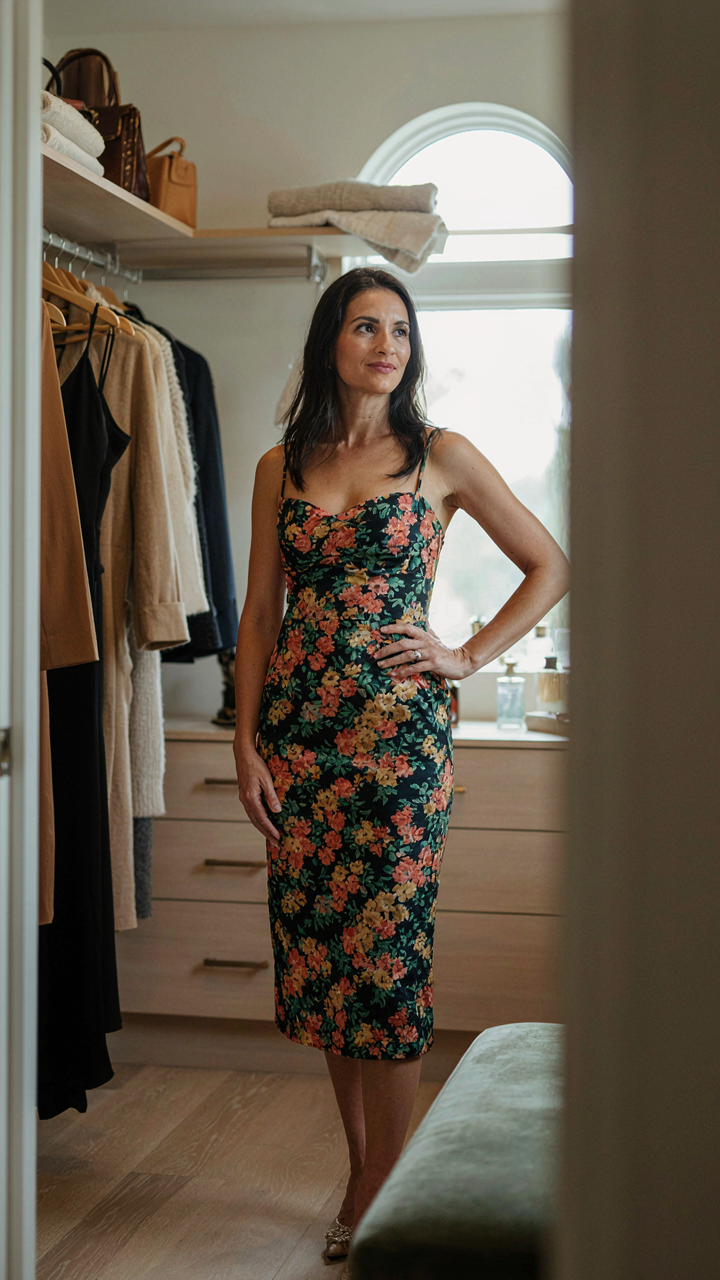 A woman stands confidently in a floral cocktail dress in her closet.