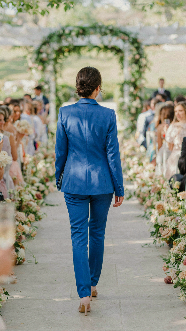 A woman in a vibrant wedding guest pantsuit walks confidently away from a crowd.