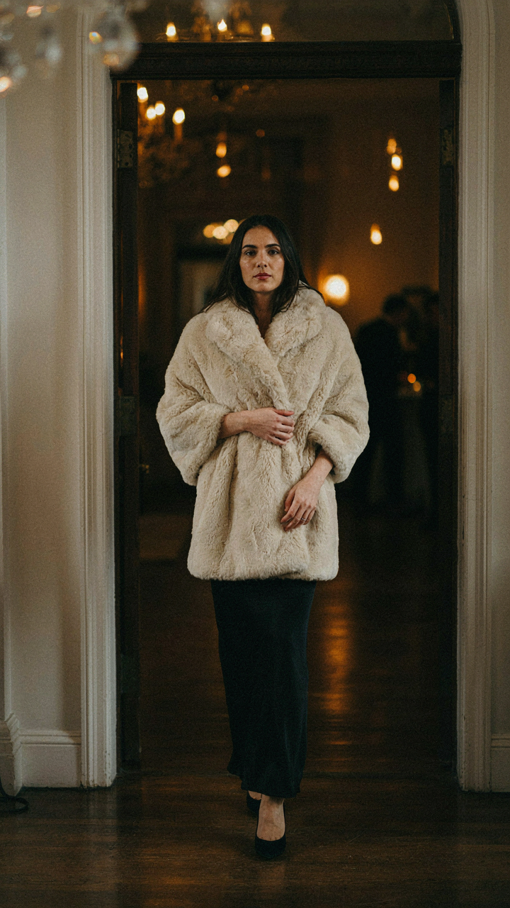 Woman confidently entering a party in a statement faux fur wrap evening piece.