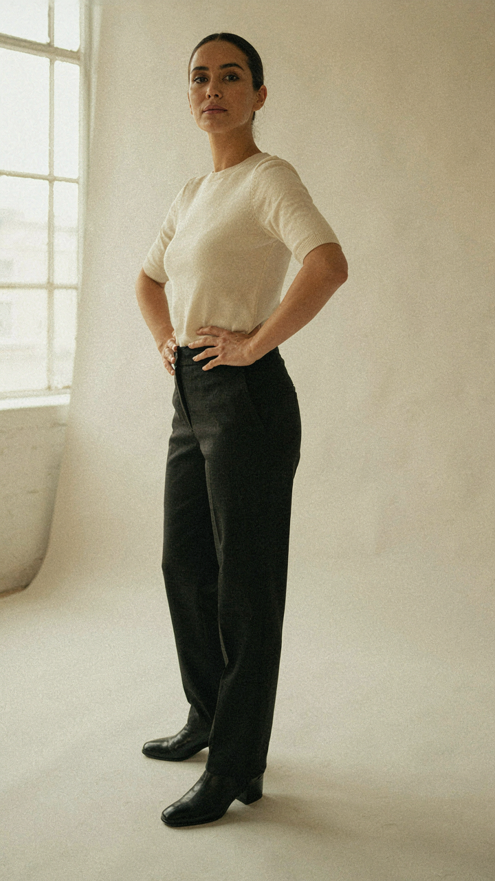 A woman standing confidently, embracing her strong and purposeful silhouette.