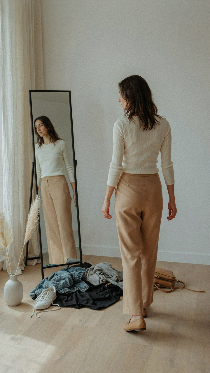 A person walks away from a mirror, confidently wearing a simple outfit.