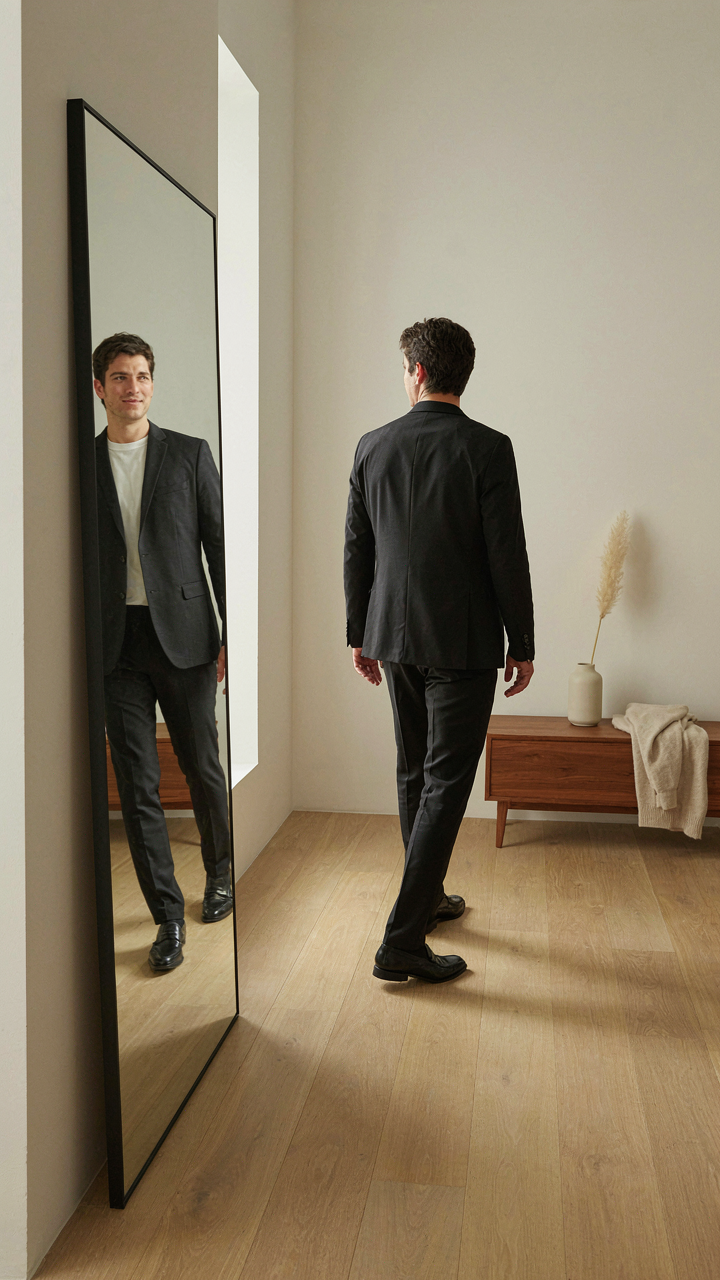 Person confidently walks away from a mirror in a simple, sharp outfit.