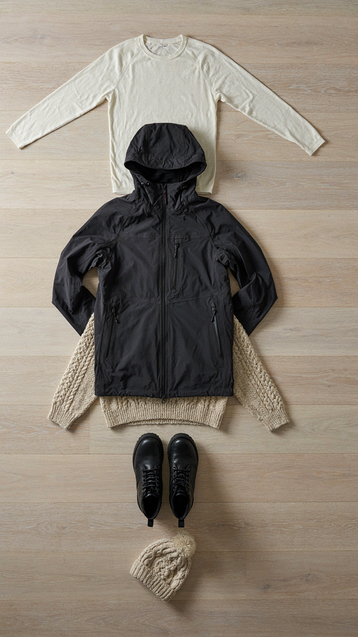 Five essential pieces of a Scandinavian winter capsule wardrobe arranged on a floor.
