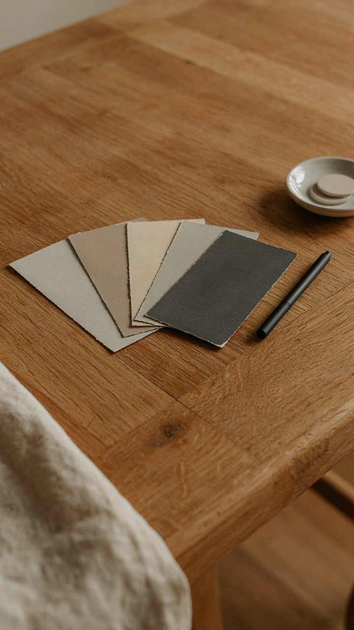 Five distinct neutral paint swatches laid out on a table, aiding aesthetic decisions.