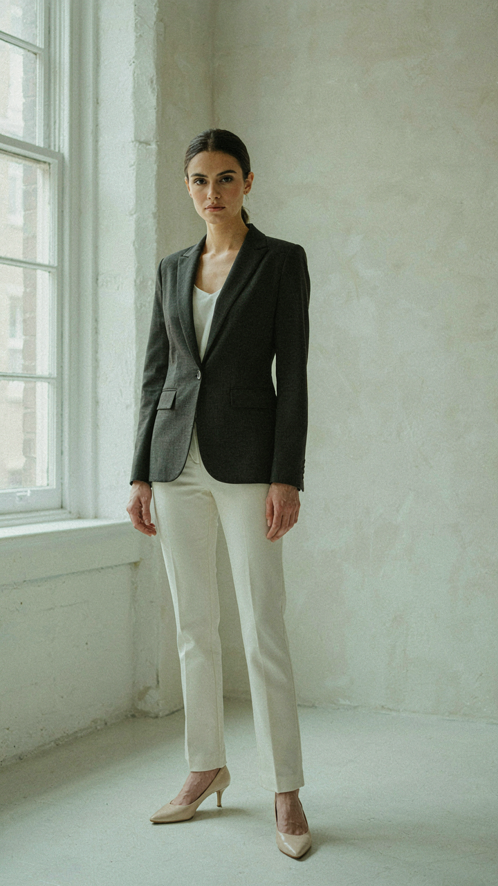 A woman standing tall and confident in a tailored blazer.